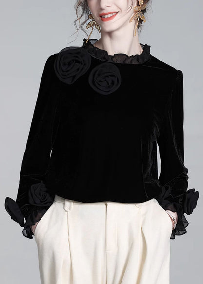 Black Ruffled Silk Velour T Shirt Winter
