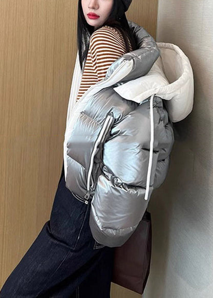 Silvery Hooded Patchwork Duck Down Down Coat Winter