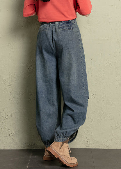 Blue Button Pockets Elastic Waist Jeans Spring