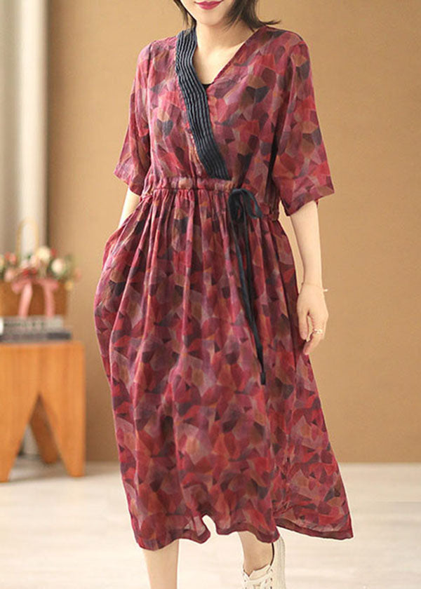 Red V Neck Tie Waist Wrinkled Print Linen Cinch Dresses Short Sleeve