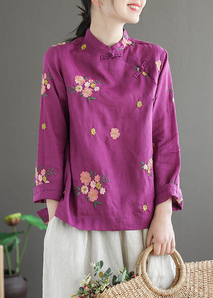 Purple Stand Collar Embroideried Patchwork Cotton Top Spring