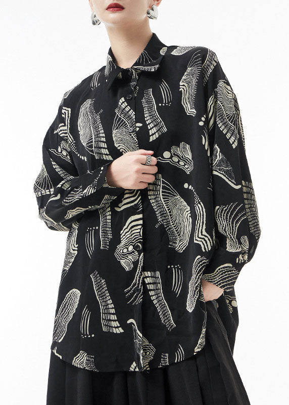 Black Button Peter Pan Collar Chiffon Blouses Spring