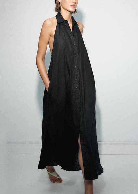 French Black Backless Button Lace Up Linen Long Dresses Sleeveless Summer