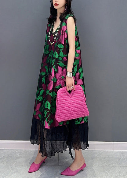 Black V Neck Print Cotton Long Dresses Sleeveless