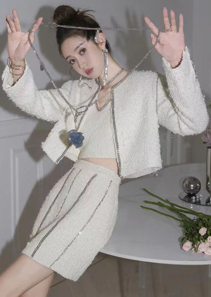 White Chain Linked Tasseled Zircon Cotton Three Pieces Set Fall