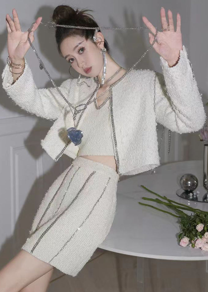 White Chain Linked Tasseled Zircon Cotton Three Pieces Set Fall
