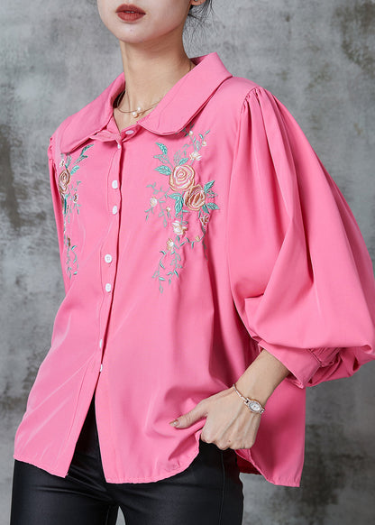 Rose Embroidered Cotton Shirt Tops Lantern Sleeve