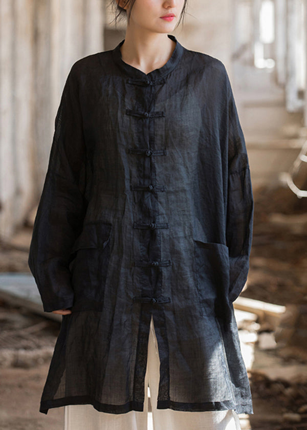 Black Oriental Button Linen Shirts Tops Spring