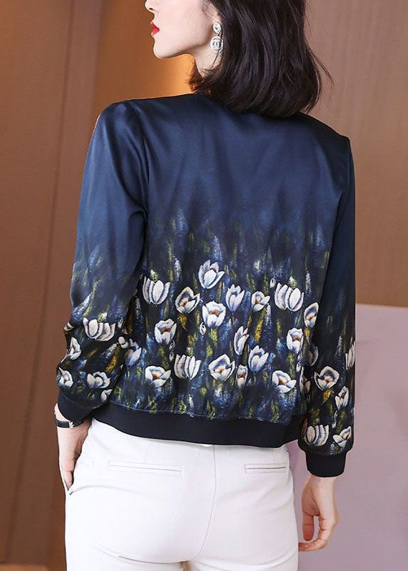 Stylish Blue Stand Collar Zip Up Print Silk Jackets Fall