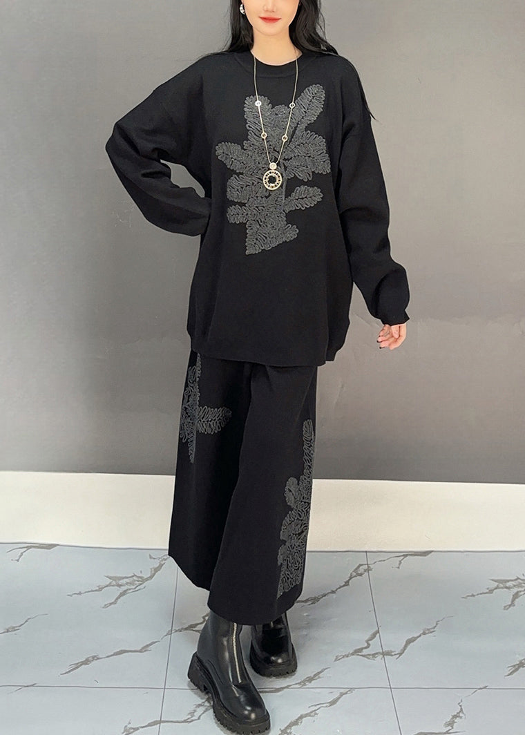 Simple Black O Neck Embroidered Cotton Two Piece Set Fall