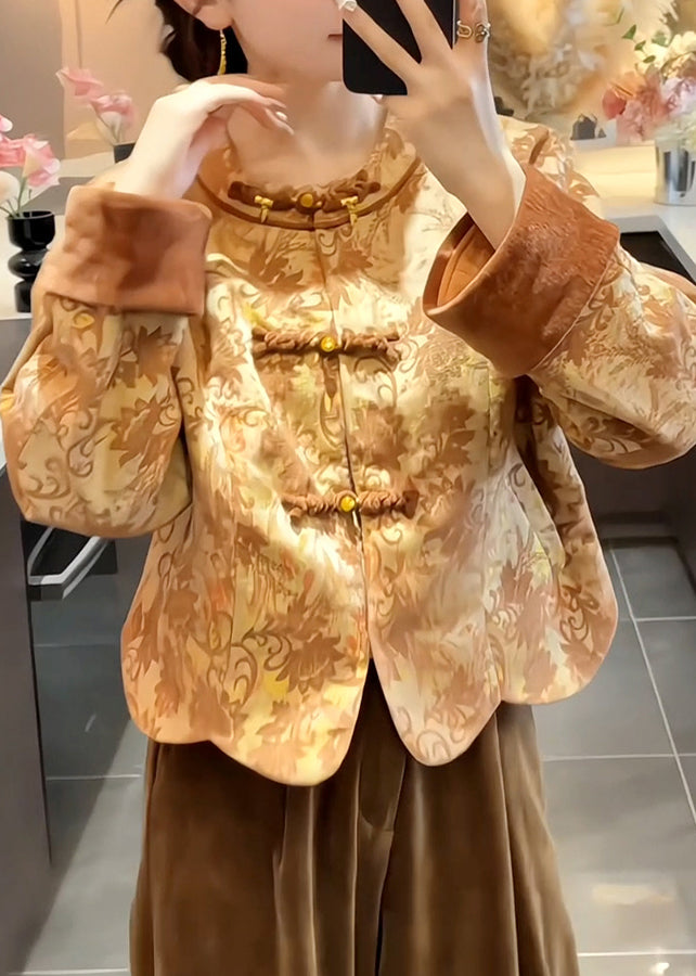 Chinese Style O-neck Print Button Silk Cotton Coat Fall
