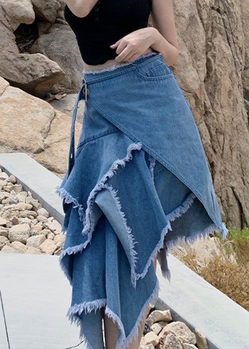 Blue Asymmetrical High Waist Patchwork Denim Skirt Fall