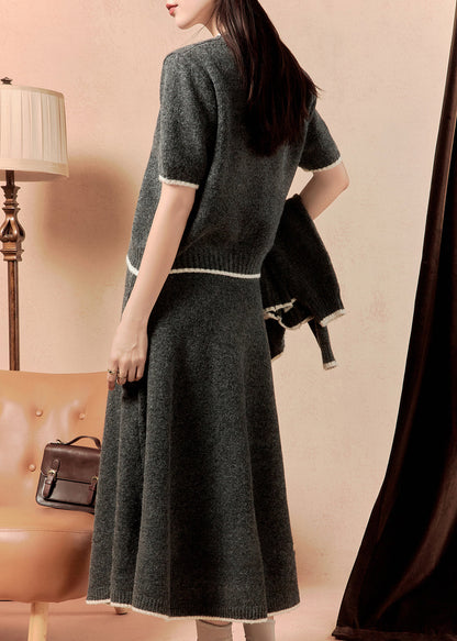 Dark Gray O Neck Button Knit Three Pieces Set Winter