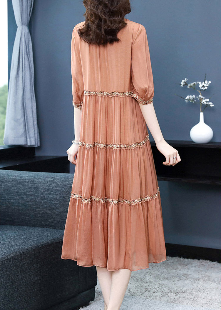 Orange O-neck Embroideried Silk Long Dress Summer