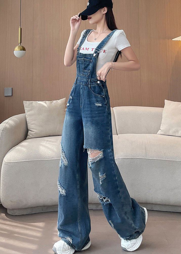 New Blue Ripped Denim Wide Leg Overalls Jumpsuit Fall