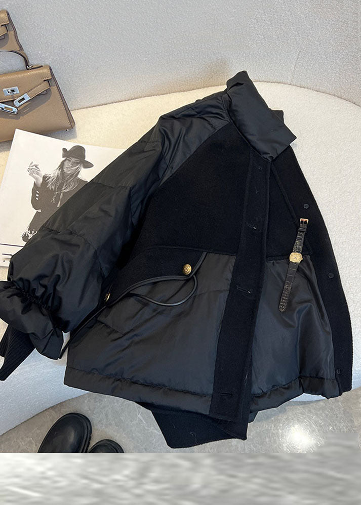 Black Stand Collar Drawstring Zippered Fine Cotton Filled Puffer Jacket Winter
