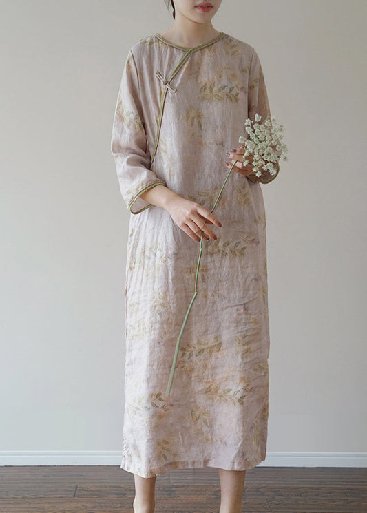 Light Pink O-neck Side Open Print Linen Dresses Three Quarter Sleeve