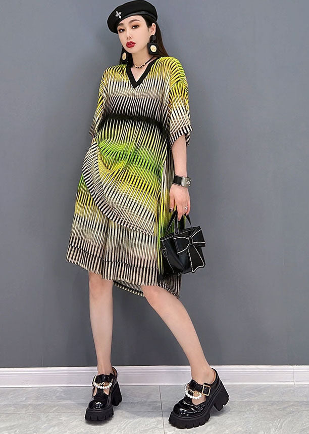 Yellow V Neck Striped Print Cotton Tanks and Shorts Two-piece Set Summer