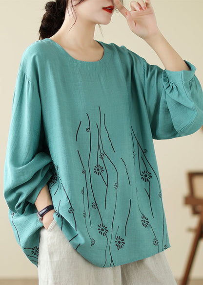 Loose Cyan O-neck Print Tops Long Sleeve