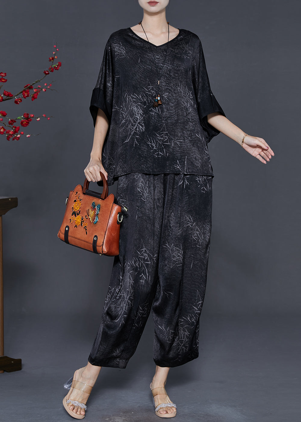 Black Print Silk Two Piece Set Clothing Oversized Summer
