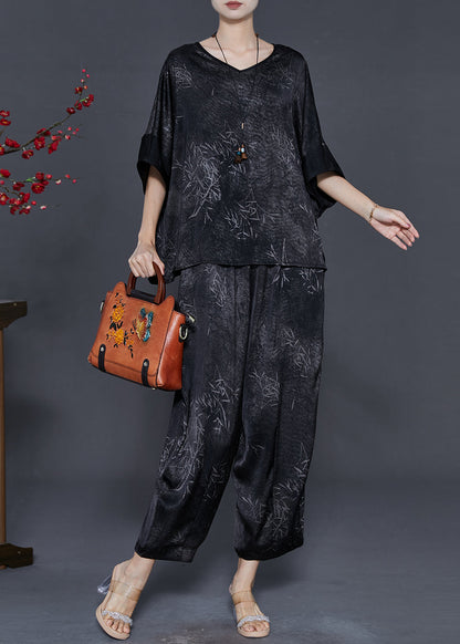 Black Print Silk Two Piece Set Clothing Oversized Summer