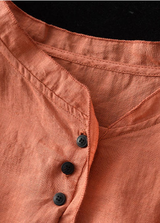 Orange V Neck Button Cotton Shirt Half Sleeve