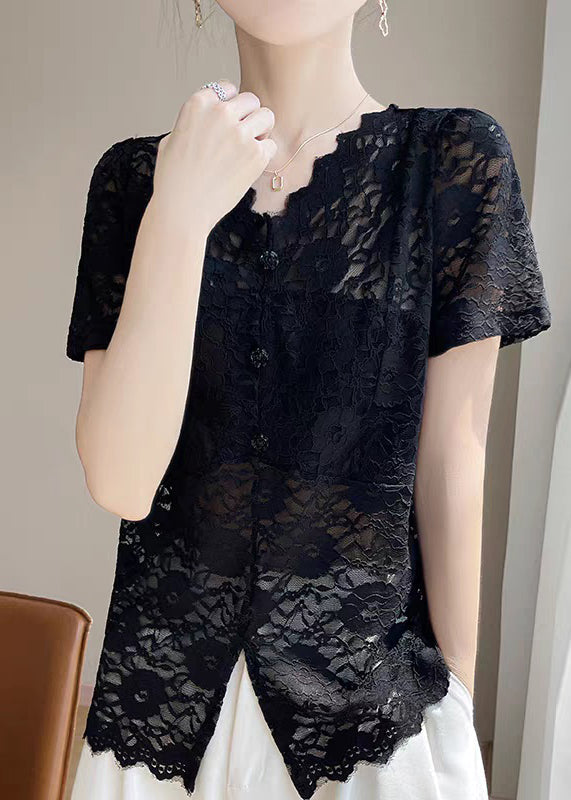 Black Hollow Out Lace Summer Shirt V Neck