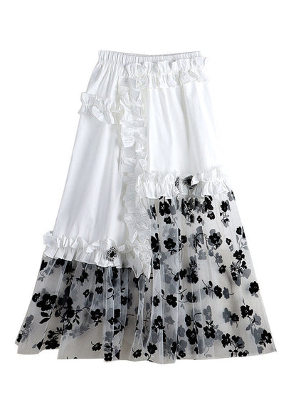 White Embroideried Elastic Waist Asymmetrical Patchwork Tulle a Line Skirt Summer