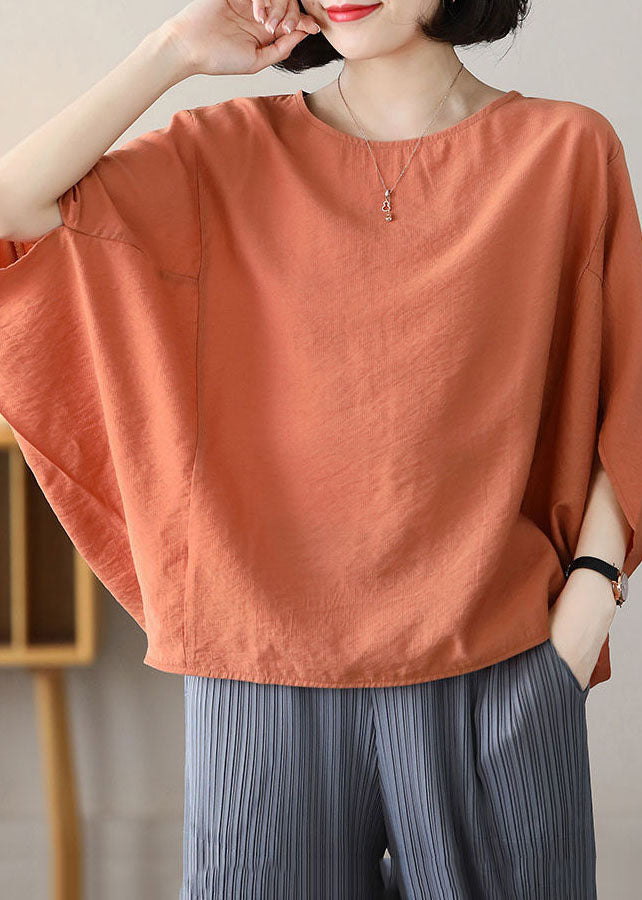 Orange Linen Loose Tank Top O-neck Batwing Sleeve
