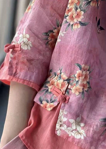 Pink Print Patchwork Blouses Half Sleeve
