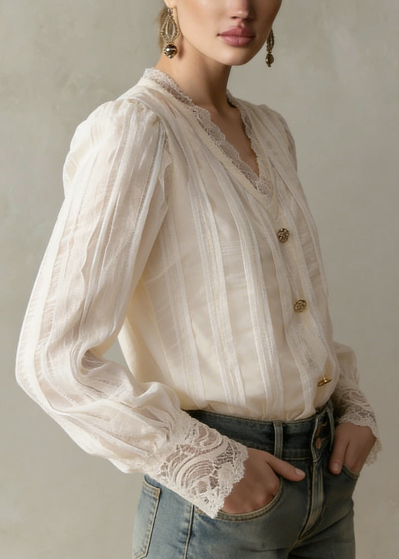 Modern Apricot V Neck Lace Patchwork Cotton Tops Spring