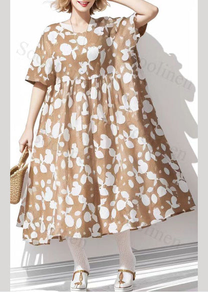 Khaki O-neck Print Patchwork Silk Holiday Dress Summer