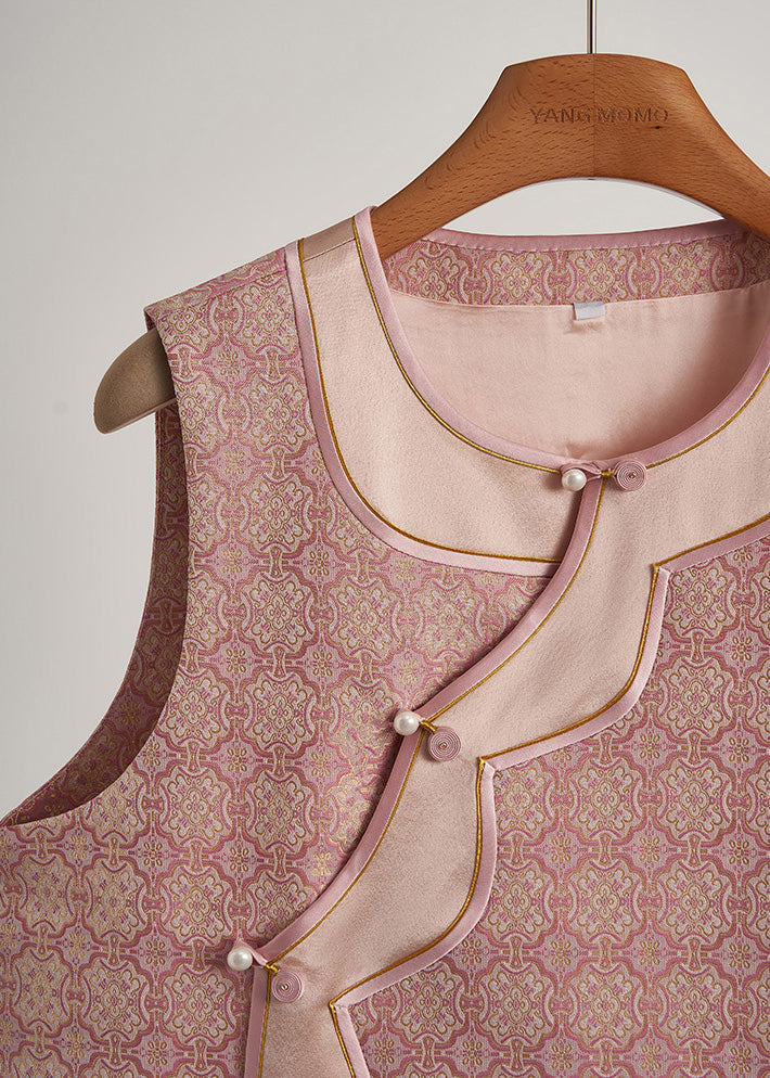 Pink Jacquard Patchwork Silk Oriental Vests Fall
