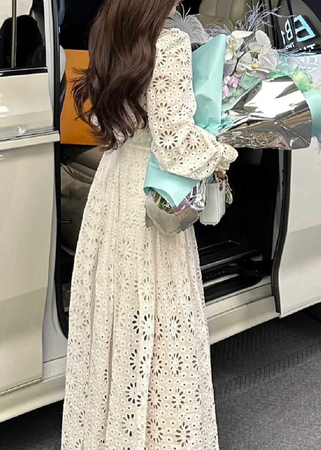 White Hollow Out Lace Two Piece Suit Set Fall