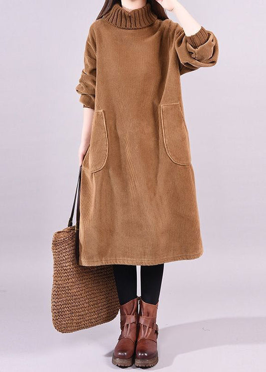 Chocolate Patchwork Thick Corduroy Dresses Turtle Neck Long Sleeve