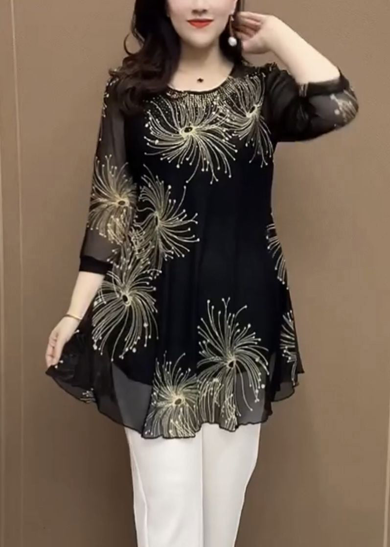 New Black O Neck Print Patchwork Chiffontops Half Sleeve
