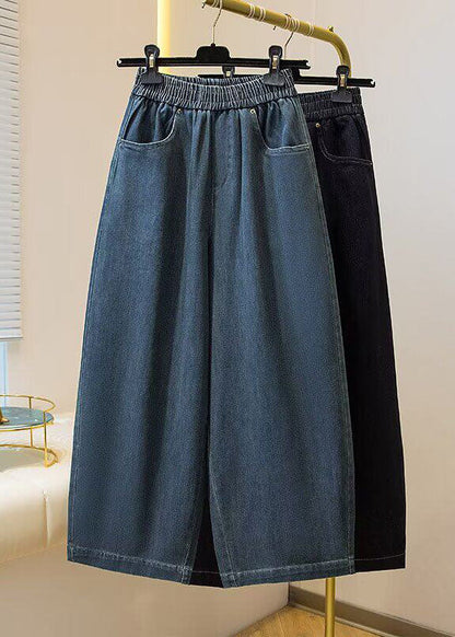 Simple Blue Pockets Elastic Waist Denim Crop Pants Spring