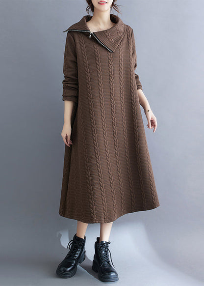 Coffee Cotton Long Dresses Asymmetrical Hign Neck Fall