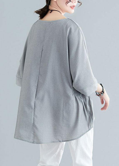 Grey Cinched Cotton Blouse Tops Summer