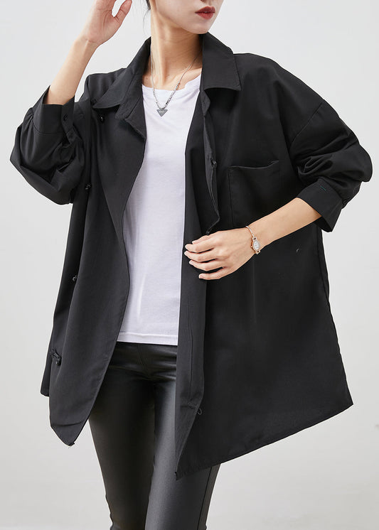 Black Peter Pan Collar Chinese Button Cotton Shirt Top Fall