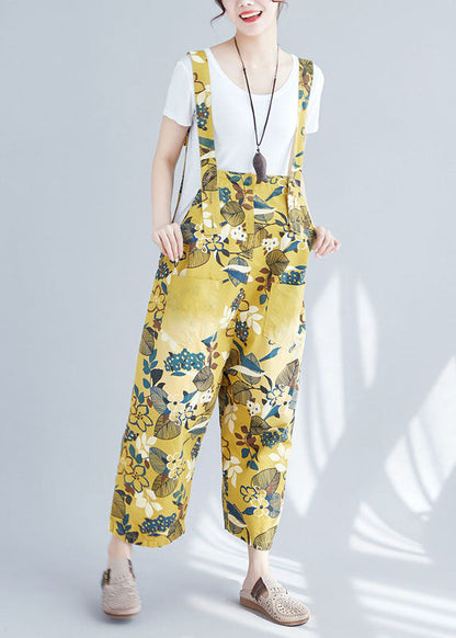 Yellow Pockets Print Denim Crop Wide Leg Jumpsuit Spring