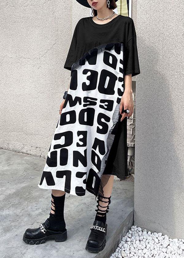 Black Print Asymmetrical Design Graphic Short Sleeve Maxi Dresses