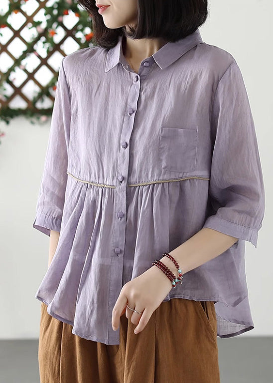 Purple Peter Pan Collar Asymmetrical Patchwork Button Ramie Shirts Half Sleeve