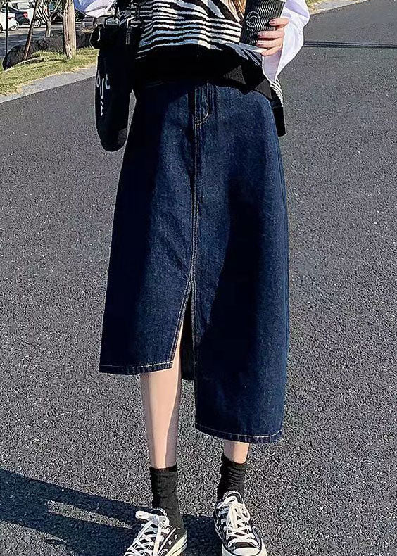 Navy Side Open Asymmetrical Pocket Cotton Denim Wraped Skirts Summer