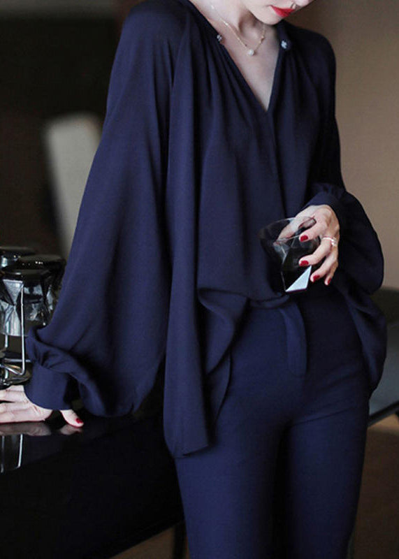 Navy Chiffon Shirt O Neck Lantern Sleeve