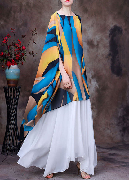 Yellow Blue Asymmetrical Design Print Chiffon Top Batwing Sleeve