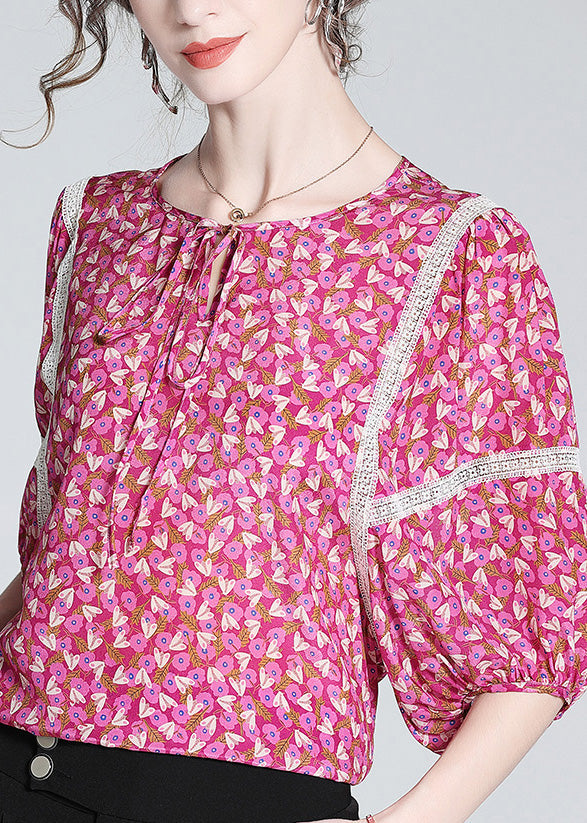 Rose O-neck Print Neck Tie Silk Tops Short Sleeve
