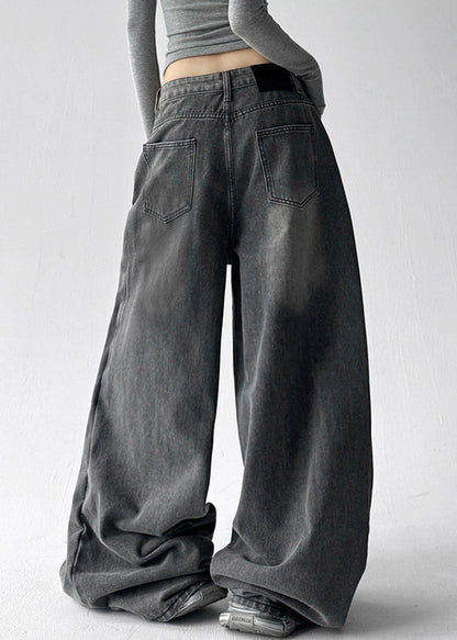 Grey Pockets Rivet Patchwork Denim Wide Leg Pants Fall