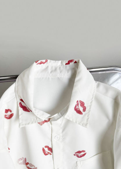 White Peter Pan Collar Print Cotton Tops Long Sleeve