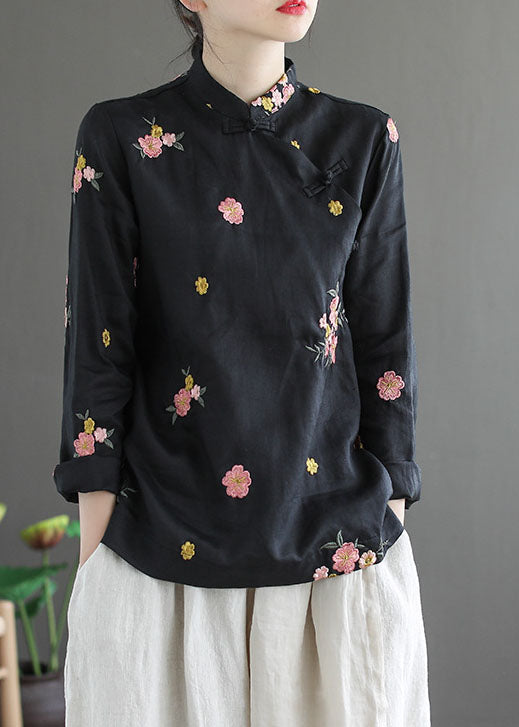 Black Stand Collar Embroideried Linen Shirt Long Sleeve